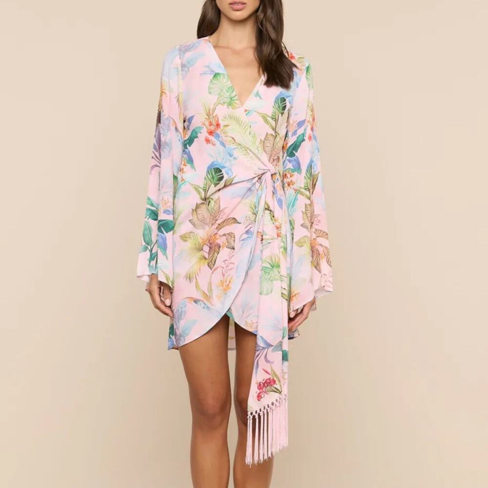 L'Agence Kohima Cover Up Dress Pink Multi Colorful Palm Wrap Tassel Small NWT